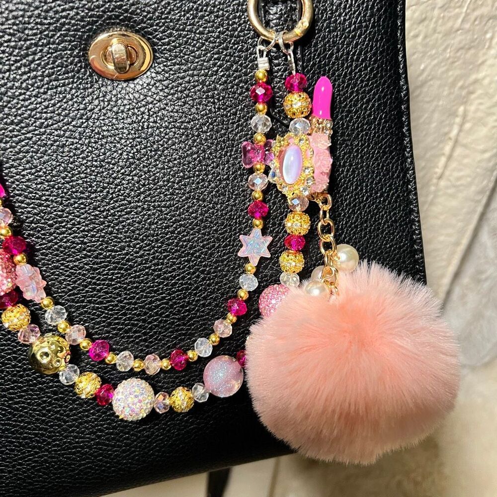 Handmade Bead Bag Charm Clip on Chain girly pink Pom Pom lipstick bedazzle 12in